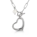 Collana a graffetta argento con ciondolo a cuore cavo, perla bianca e chiusura a levetta - Collana Color Acciaio (KN113605-Z)