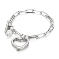 Silver link bracelet with hollow heart charm, white pearl and OT toggle clasp - Steel Color Bracelet (KB138417-Z)