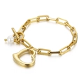 Elegant gold link bracelet featuring a heart pendant and white pearl with OT toggle clasp - Gold Bracelet (KB138418-Z)