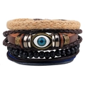 Bracelet multicouche en cuir fait main avec œil bleu porte-bonheur et perles en bois - Fermoir en Métal Arbre de Vie Oeil Bleu (QNW4015)