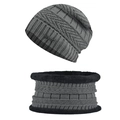 Detail of grey winter knit beanie and neck warmer set showing soft fleece lining and texture - Set (Hat + Scarf) / Gray