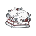 Spilla smaltata con gatto bianco che dorme sui libri con bacche rosse su fondo bianco - Stile Gatto Bianco Sui Libri (C1765)