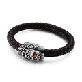 Men's black braided leather bracelet featuring a silver skull with red gemstone eyes - Silver Skull Black Braided Style (KB85133-BD)