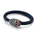 Braided black and blue leather bracelet with Indian skull head and red rhinestones - Silver Headdress Skull Black With Blue Stitching Style (KB85134-BD)