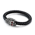 Men's punk braided black leather bracelet with silver skull charm and red stone eyes - Vintage Silver Skull Black Braided Style (KB85136-BD)