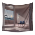 Arazzo bohémien con paesaggio surrealista, sedie blu e vista sul tramonto artistico - 73X95CM (Spazzolato Transfrontaliero) / ZJ1924 (Architettura Surrealista)