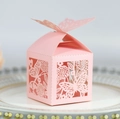 Macro view of pink laser-cut paper gift box featuring butterfly and floral patterns - Pink