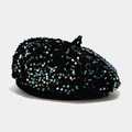 Detail of iridescent sequins on black beret hat with vibrant metallic reflection - Pumpkin Hat / Dark Green