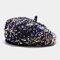 Detailed close-up of dark blue velvet beret featuring vibrant holographic sequins - Pumpkin Hat / Blue