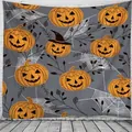 Halloween tapestry with orange pumpkin and spider web pattern for dorm decor - WSJ-10 (Gray Pumpkin Web)