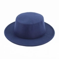 Overhead view of a dark blue wool felt boater hat with a flat top and classic wide brim - Navy Blue