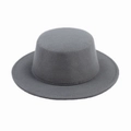 Detailed texture of a grey flat-top wool felt hat with round brim on white background - Gray