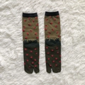 Japanese style olive green tabi socks with red dots and leaf patterns on plush background - 35-41 / Dark Green Red Strawberry