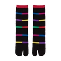 Japanese style black tabi socks with colorful striped pattern and red ribbed cuffs - 35-41 / Black With Colorful Horizontal Stripes
