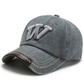 Gorra de béisbol gris oscuro lavado con bordado W y ribete de cuero marrón - Ajustable / gris oscuro