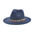 Detail of navy blue wool fedora hat featuring a leopard print band and gold buckle - M (56-58cm) / Navy Blue