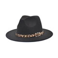 Classic black wool fedora featuring a leopard print belt and golden square buckle - M (56-58cm) / Black
