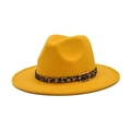 Close-up of yellow wool fedora hat featuring a leopard print band and gold buckle - M (56-58cm) / Yellow