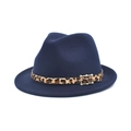 Navy blue wool fedora hat with leopard print band and gold buckle on white background - M (56-58cm) / Navy Blue