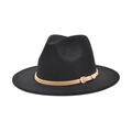 Detail of classic black wool fedora with a brown leather strap and gold metal buckle - M(56-58cm) / Black