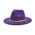 Close-up of a purple felt fedora hat featuring a brown leather band and gold metal buckle - M(56-58cm) / Purple