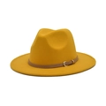 Detail of the yellow wool felt fedora with a brown leather belt and gold buckle - M(56-58cm) / Yellow