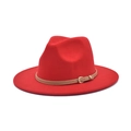 Detail of red fedora hat with a light brown leather band and golden buckle finish - M(56-58cm) / Red