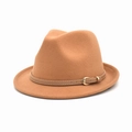 Classic camel wool fedora hat with narrow band and gold buckle on a white background - M (56-58cm) / Camel