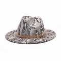 Detailed top view of wool jazz fedora featuring exotic snakeskin print and brown leather band - M (56-58cm) / White