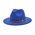 Detail view of royal blue fedora hat with a brown faux leather belt and gold buckle - M (56-58cm) / Royal Blue
