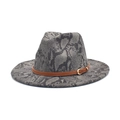 Close-up of grey snakeskin wool fedora hat with brown leather strap and gold buckle - M(56-58cm) / Dark Grey Snakeskin