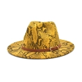 Cappello jazz a tesa larga giallo con motivo a serpente e cinturino in pelle marrone - M(56-58cm) / Pelle di serpente gialla