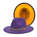 Dettaglio cappello fedora viola con fascia leopardata, fibbia oro e falda gialla - M(56-58cm) / Esterno Viola Interno Giallo Bicolore