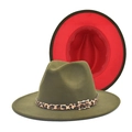 Détail du chapeau fedora en laine bicolore avec ruban léopard et boucle dorée - M (56-58cm) / Vert Militaire