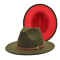 Detail view of two-tone wool fedora hat with green exterior and vibrant red lining - M (56-58cm) / Army Green