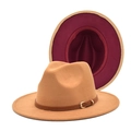 Two-tone wool felt fedora in khaki and burgundy with a brown leather belt and gold buckle - M (56-58cm) / Camel
