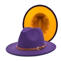 Detail of two-tone wool fedora hat with purple exterior, yellow brim and leather belt - M (56-58cm) / Purple