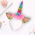 Kids unicorn headband with rainbow metallic horn, pink tulle, and sequined ears - Unicorn Rainbow Horn