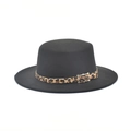 Classic black flat top wool felt boater hat with a leopard print buckle band - M (56-58cm) / Black
