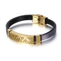 Herenarmband van roestvrij staal met grijs gevlochten leer en gouden geometrische plaat - 21cm / Goud/Grijs (KB110833)