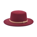 Classic burgundy flat top wool fedora hat with khaki leather belt and metal buckle - M (56-58cm) / Burgundy