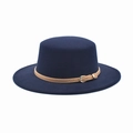 Navy blue flat top wool felt boater hat with a brown leather belt and gold metal buckle - M (56-58cm) / Navy Blue