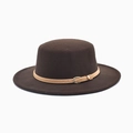 Detailed close-up of brown wool fedora hat with a leather belt and golden buckle - M (56-58cm) / Coffee