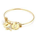 Gold stainless steel adjustable bangle with letter A shell, pearl, and kids charms - Letter A (KB118995-Z)