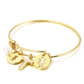 Adjustable golden titanium steel bangle with pearl, letter T, boy and girl charms - Letter T / Gold