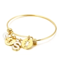 Adjustable gold titanium steel bracelet with letter S pendant and pearl charm - Letter S / Gold