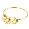 Adjustable gold titanium steel bracelet featuring white pearl and letter U charm - Letter U / Gold