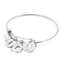 Silver stainless steel open bangle with pearl and letter D charm with figure pendants - Letter D / Steel