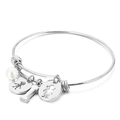 Silver stainless steel adjustable bangle with mother of pearl shell and letter I charm - Letter I Charm (KB119012-Z)
