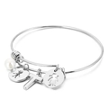 Silver stainless steel bangle featuring shell letter T, boy girl charms and pearl - Letter T / Steel